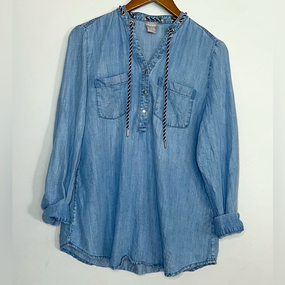 Chico’s Nautical Denim Chambray Pullover Top Blouse Sz M